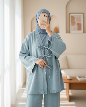 Front Tie Pocket Trouser Denim Kimono Set -Light blue