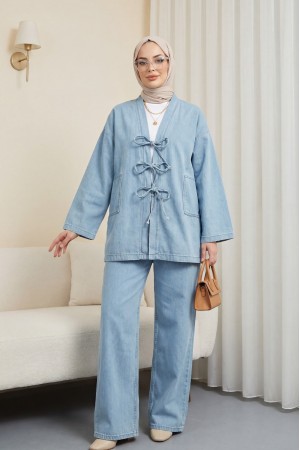 Önü Bağlamalı Cepli Pantolonlu Kot Kimono Takım   -Açık Mavi