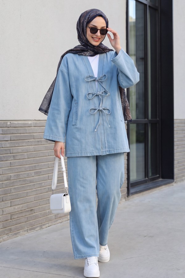 Front Tie Pocket Trouser Denim Kimono Set -Light blue