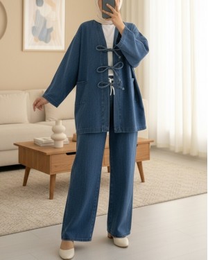 Front Tie Pocket Trouser Denim Kimono Set -Dark blue