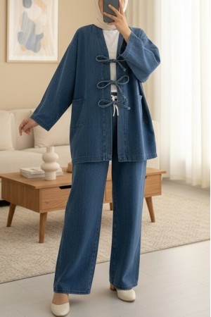 Önü Bağlamalı Cepli Pantolonlu Kot Kimono Takım   -Koyu Mavi