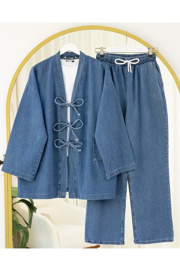 Önü Bağlamalı Cepli Pantolonlu Kot Kimono Takım   -Koyu Mavi