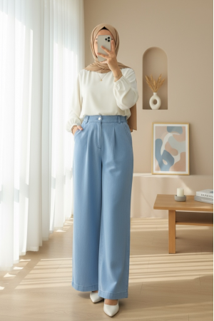 Yarım Lastikli Çift Cepli Bol Paça Kot Pantolon -Açık Mavi