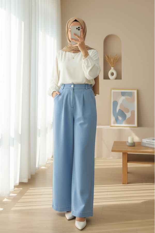 Half Elastic Double Pocket Wide Leg Jeans -Light blue
