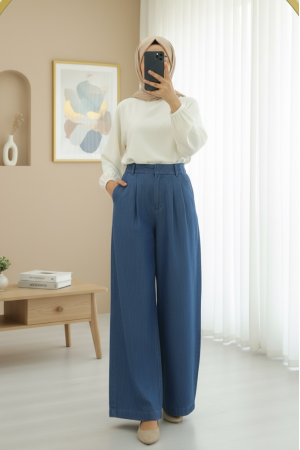Yarım Lastikli Çift Cepli Bol Paça Kot Pantolon -Koyu Mavi