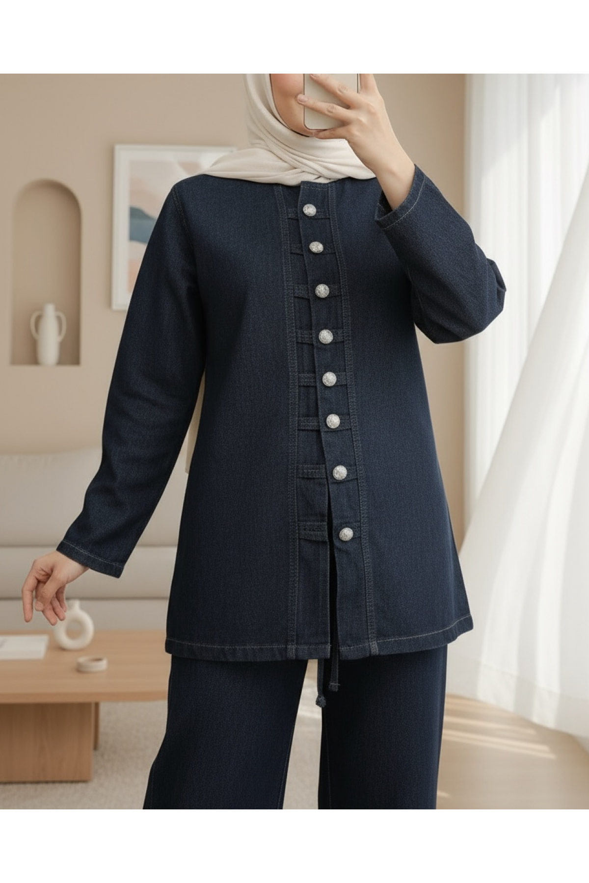 Button-Front Trouser Denim Suit -Navy blue