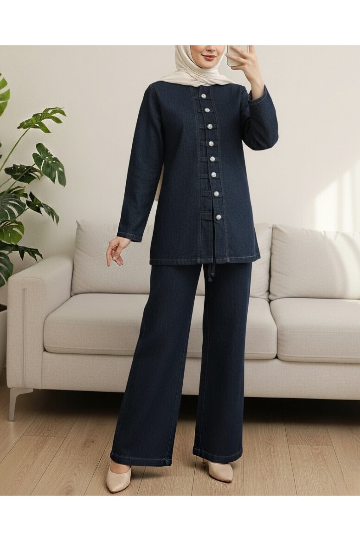 Button-Front Trouser Denim Suit -Navy blue detay görseli