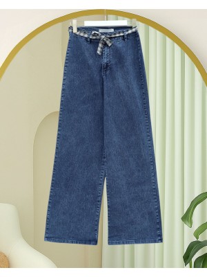 Bol Paça Beli Kuşaklı Fermuarlı Kot Pantolon -Koyu Mavi