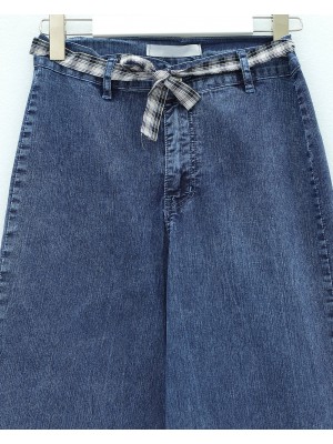 Bol Paça Beli Kuşaklı Fermuarlı Kot Pantolon -Koyu Mavi