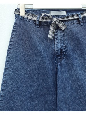 Bol Paça Beli Kuşaklı Fermuarlı Kot Pantolon -Koyu Mavi