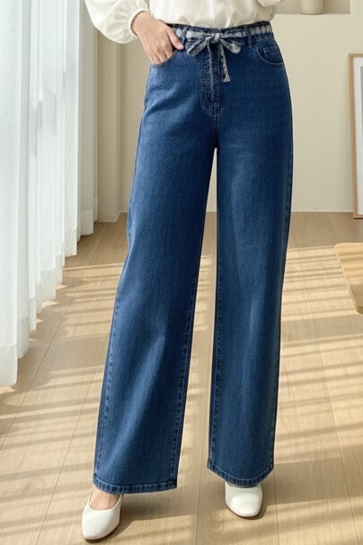 Wide Leg Belted Waist Zippered Jeans -Dark blue
