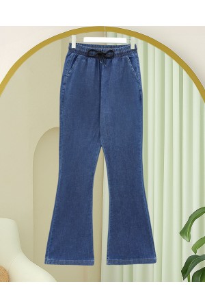 بنطال جينز واسع الساق مع خصر مربوط وجيوب -كحلي