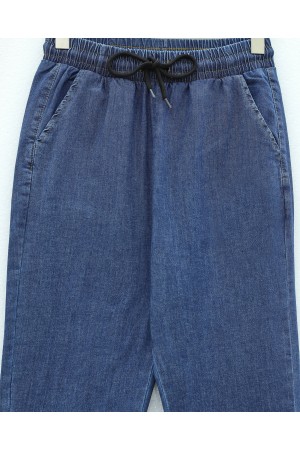 بنطال جينز واسع الساق مع خصر مربوط وجيوب -كحلي