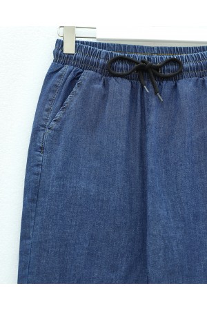 بنطال جينز واسع الساق مع خصر مربوط وجيوب -كحلي