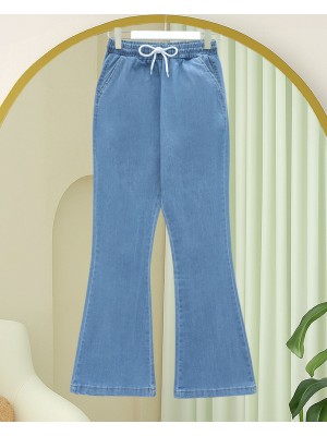 Beli Bağcıklı Cepli İspanyol Paça Kot Pantolon -Mavi