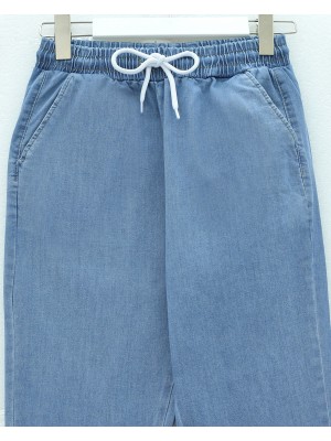 Beli Bağcıklı Cepli İspanyol Paça Kot Pantolon -Mavi