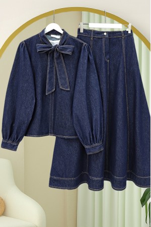 Yakası Bağlamalı Fermuarlı Etekli Kot Takım -K.Laci