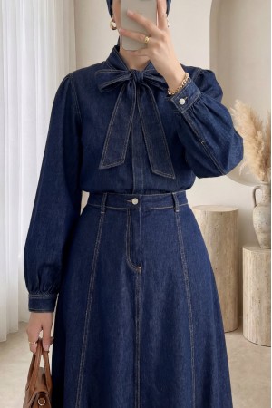 Yakası Bağlamalı Fermuarlı Etekli Kot Takım -K.Laci