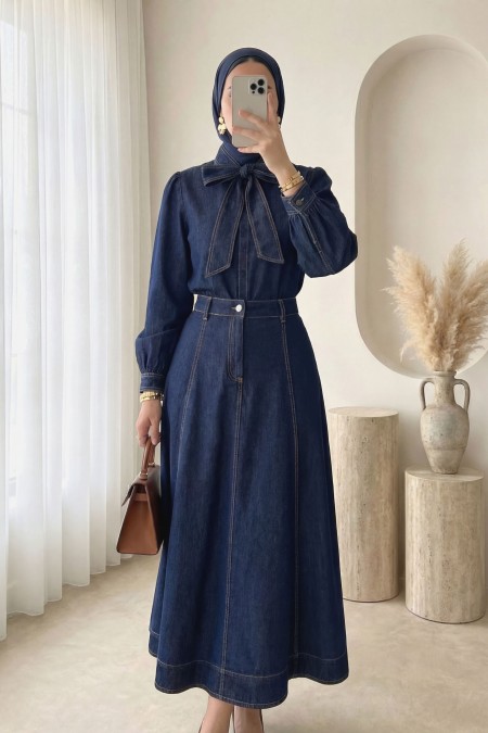 Yakası Bağlamalı Fermuarlı Etekli Kot Takım -K.Laci