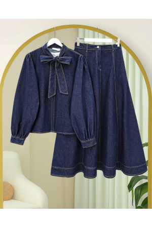 Yakası Bağlamalı Fermuarlı Etekli Kot Takım -K.Laci