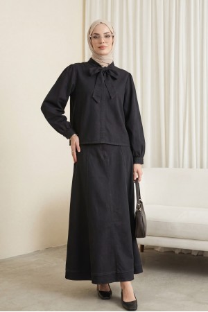 Yakası Bağlamalı Fermuarlı Etekli Kot Takım  -Siyah