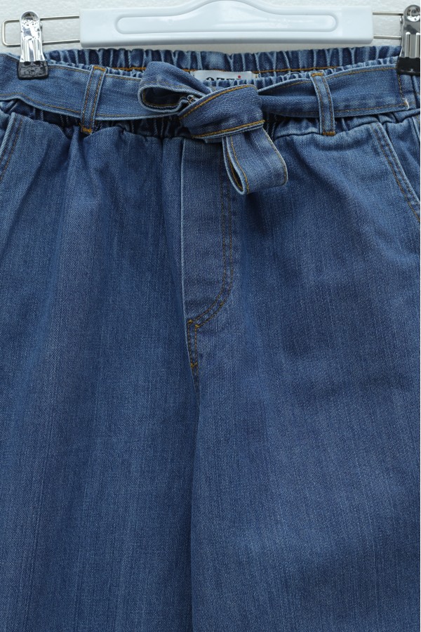 Beli Kuşaklı Lastikli Cepli Kot Pantolon  -Mavi