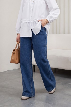 Beli Kuşaklı Lastikli Cepli Kot Pantolon  -Mavi