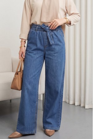 Beli Kuşaklı Lastikli Cepli Kot Pantolon  -Mavi