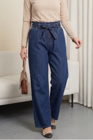 Beli Kuşaklı Lastikli Cepli Kot Pantolon  -Tint