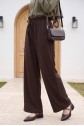 Elasticated Waist, Drawstring, Pockets, Wide Leg Summer Linen Trousers -Brown