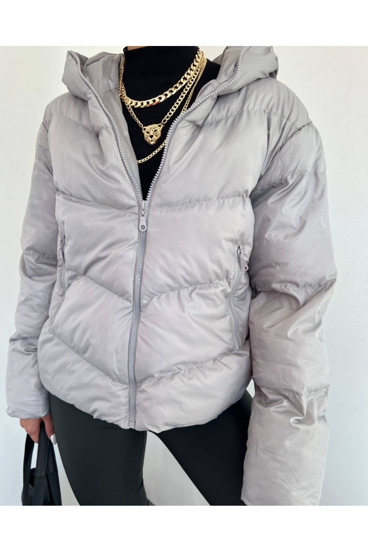 Fixed Hooded Zippered Winter Coat -Grey