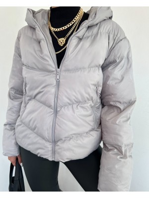 Sabit Kapşonlu Fermuarlı Kışlık Mont -Gri