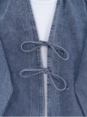 Bol Paça Pantolonlu Önü Bağlamalı Kot Kimono Takım -Buz Mavi