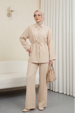 Yakası Taşlı Belden Bağlamalı Pantolonlu Takım -Bej