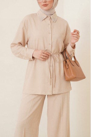 Yakası Taşlı Belden Bağlamalı Pantolonlu Takım -Bej