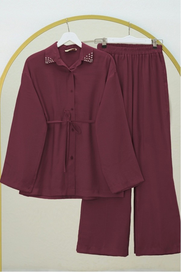 Stone Collared Waist Tied Trouser Suit -Maroon