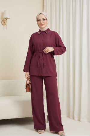 Yakası Taşlı Belden Bağlamalı Pantolonlu Takım -Bordo