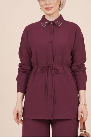 Yakası Taşlı Belden Bağlamalı Pantolonlu Takım -Bordo