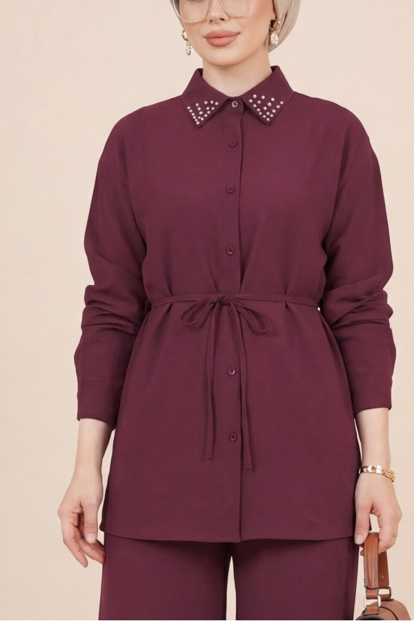 Stone Collared Waist Tied Trouser Suit -Maroon
