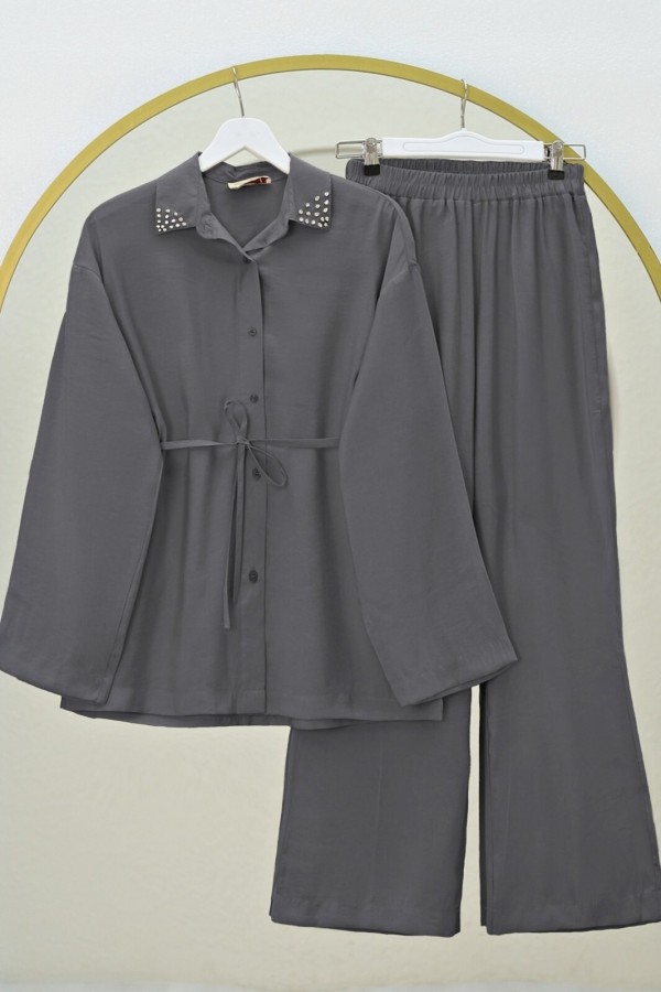 Stone Collared Waist Tied Trouser Suit -Smoked 
