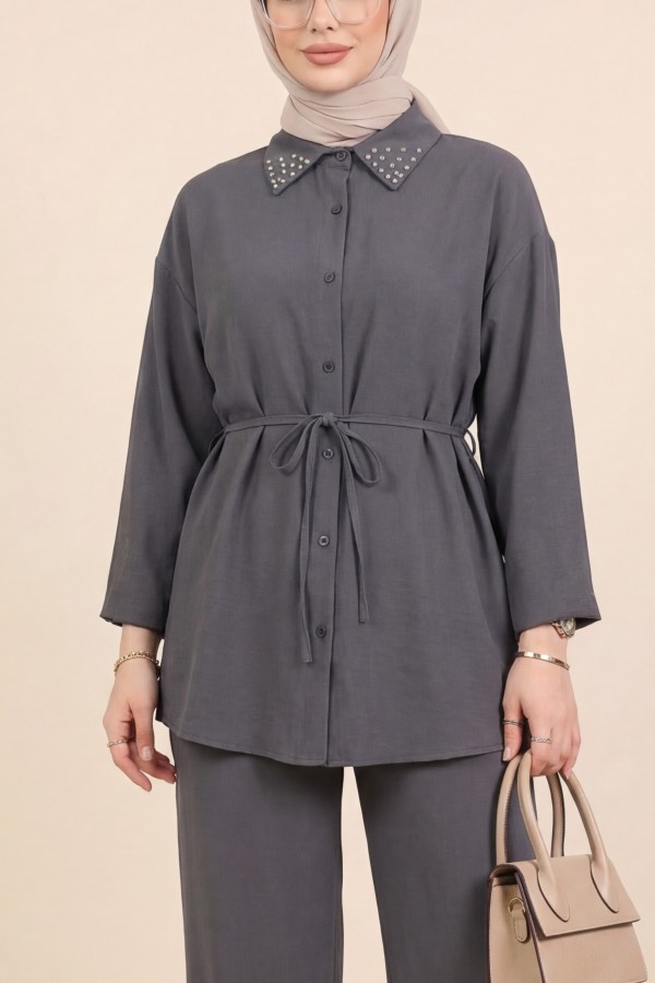 Stone Collared Waist Tied Trouser Suit -Smoked 