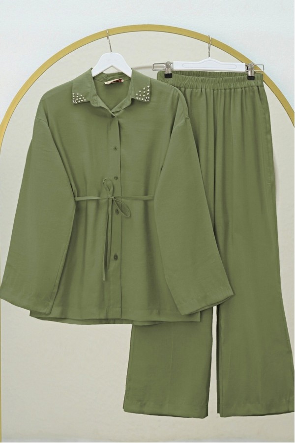 Stone Collared Waist Tied Trouser Suit -Khaki