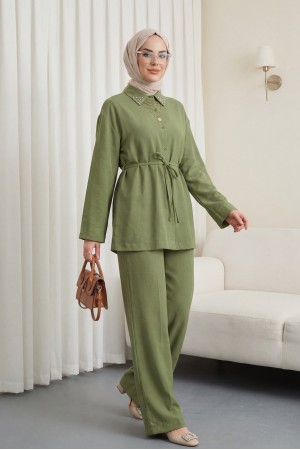 Yakası Taşlı Belden Bağlamalı Pantolonlu Takım -Haki