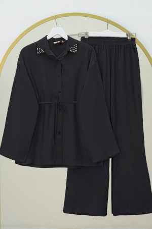 Yakası Taşlı Belden Bağlamalı Pantolonlu Takım -Siyah