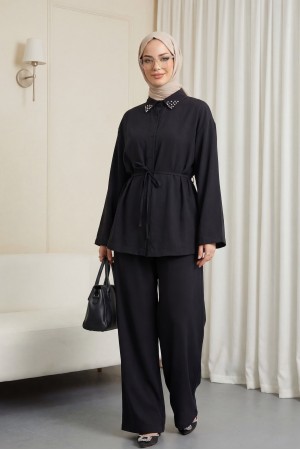 Yakası Taşlı Belden Bağlamalı Pantolonlu Takım -Siyah