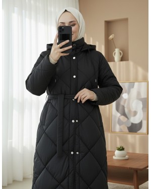 Belted, Front Snap-Front Hooded, Lined, Long Quilted Coat -Black