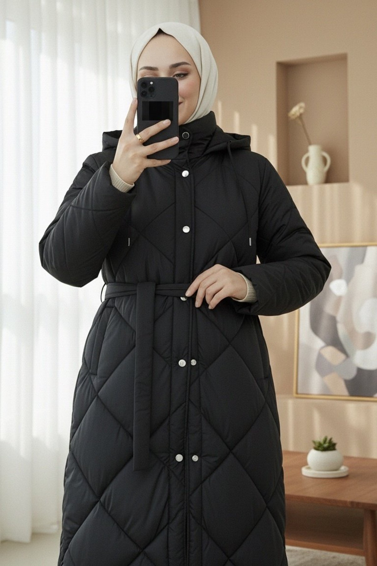 Belted, Front Snap-Front Hooded, Lined, Long Quilted Coat -Black