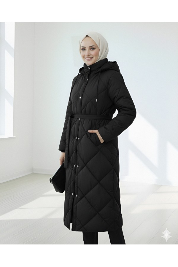 Belted, Front Snap-Front Hooded, Lined, Long Quilted Coat -Black