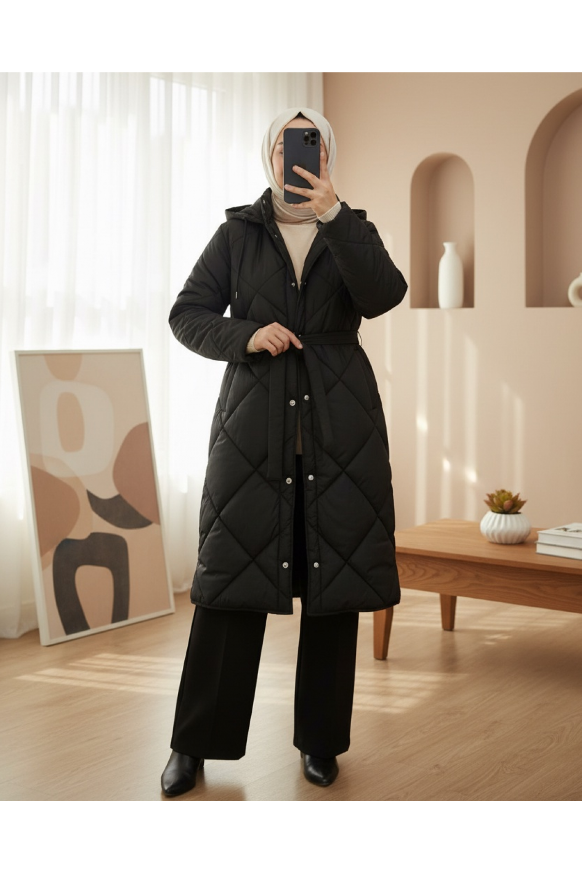 Belted, Front Snap-Front Hooded, Lined, Long Quilted Coat -Black