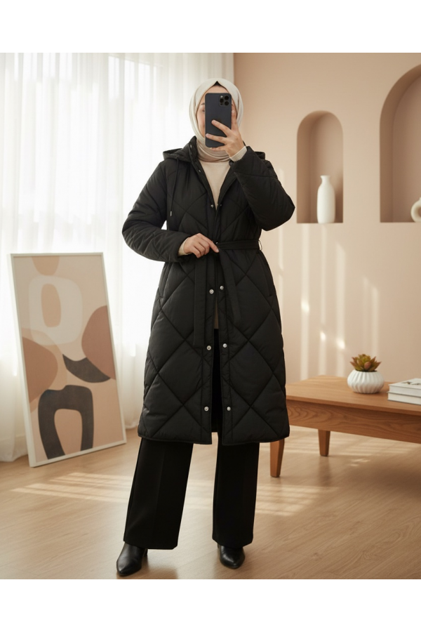 Belted, Front Snap-Front Hooded, Lined, Long Quilted Coat -Black